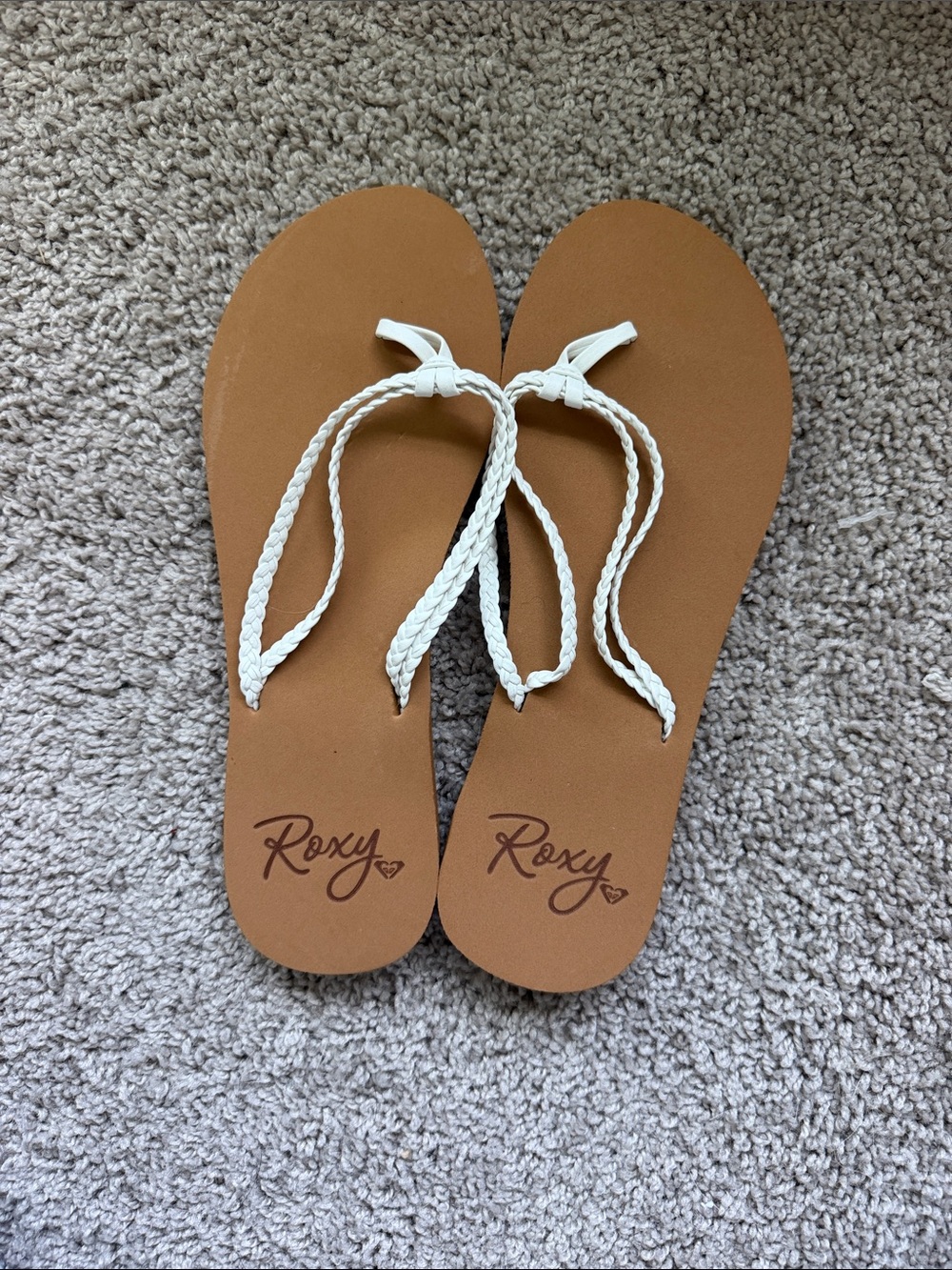 Roxy White Braided Strap Tan Footbed Flip Sandals